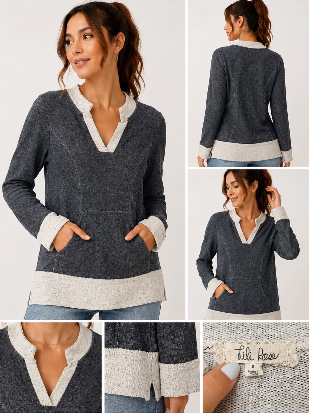 Charcoal Contrast-Trim V-Neck Knit Sweater